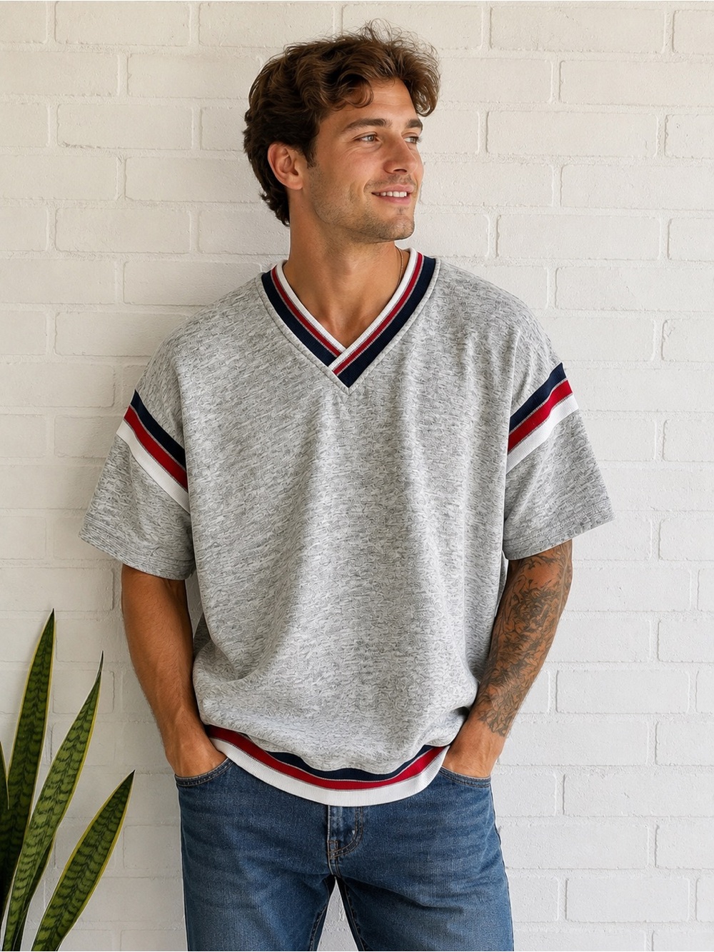 Vintage Fleece Mates Retro V-Neck Sweatshirt XL Gray Red Blue Soft 80s 90s